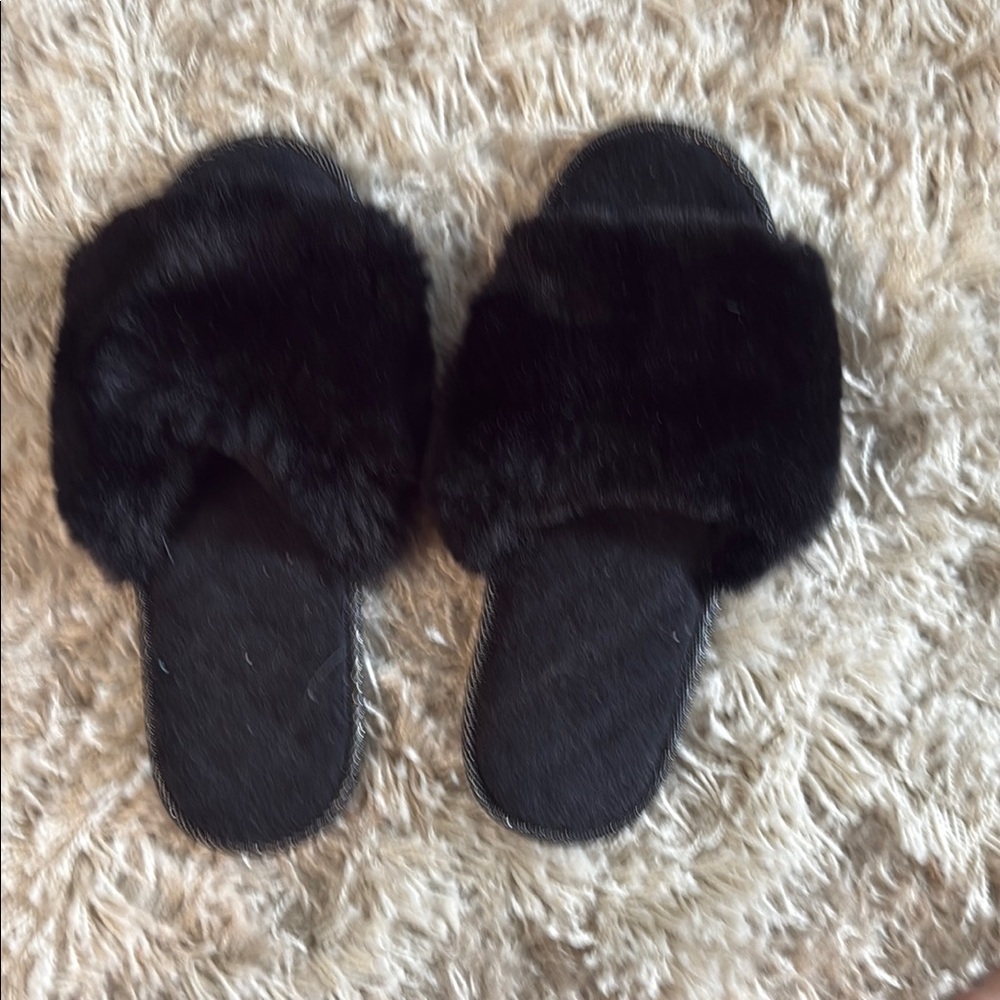 Black Plush Fur Slippers